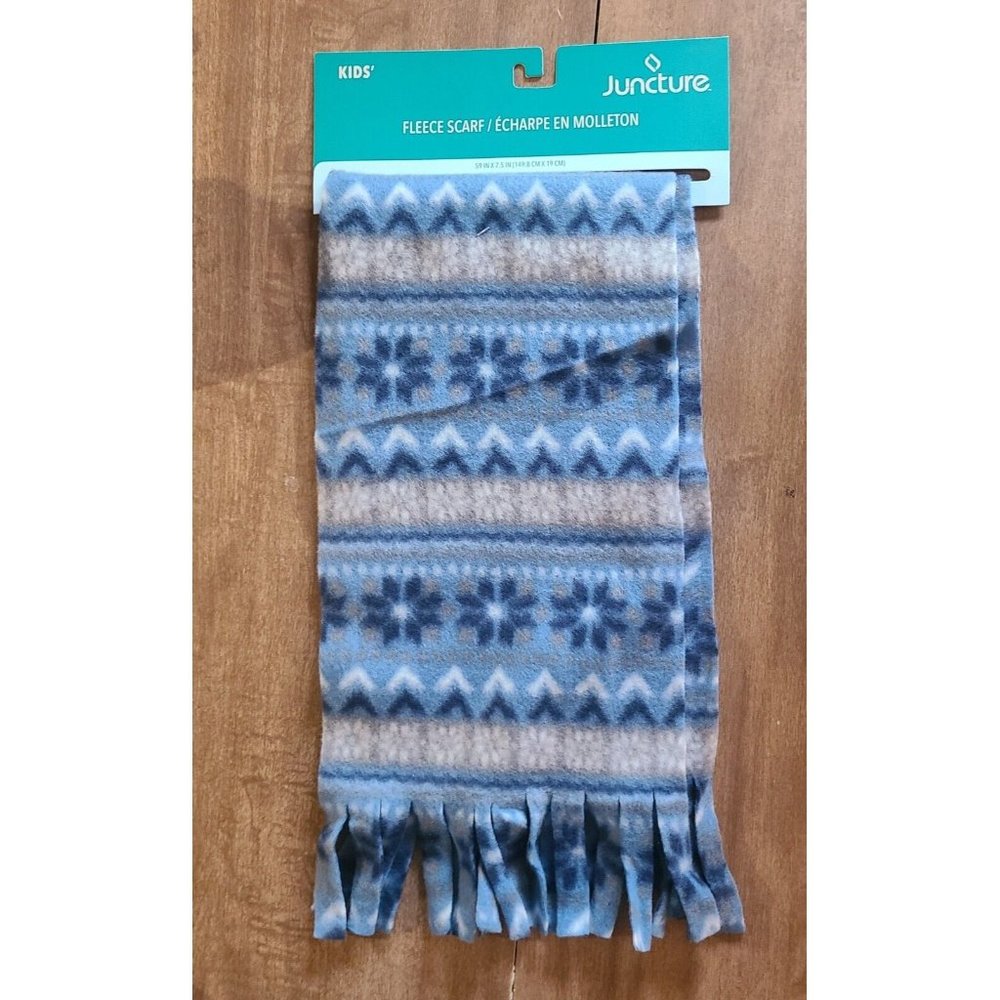 Juncture Kid's Blue & Gray Fleece Scarf 59" Tassels NEW Snowflakes